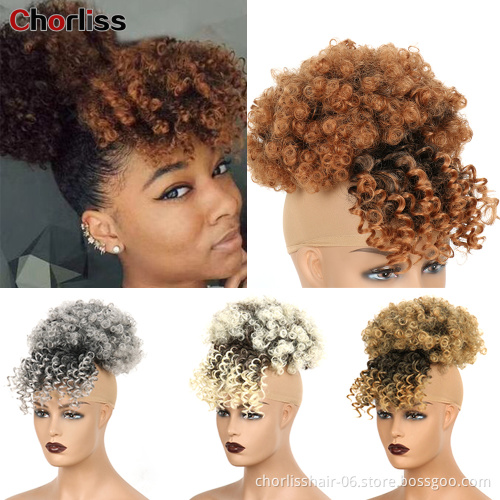 Hot Sale Ombre Chignon With Bangs Kinky Curly Bun Hairpieces Short Afro Fluffy Puff Synthetic Hair Extensions For Black Woman